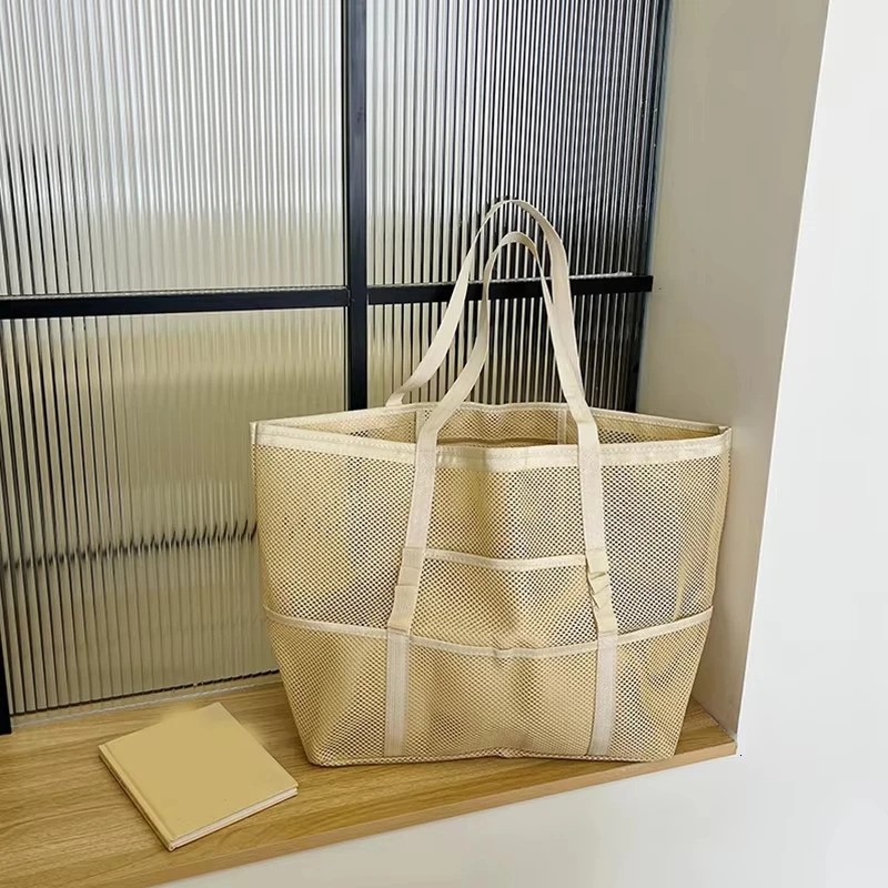 Large Capacity Canvas Beach Bag Versatile Commuting Shopping Shoulder Lightweight Semi Transparent Mesh Hollow Bag 250605
