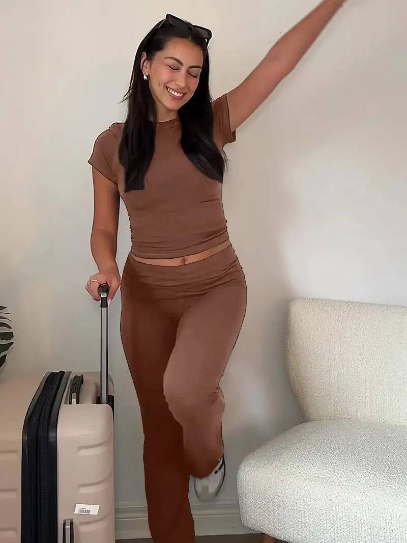 Ddmyoutdoor Women Piece Lounge Sets Fold Over Short Sleeve Crop Top And Low Rise Flare Leggings Yoga Pants Set Tracksuit Jogging Suit