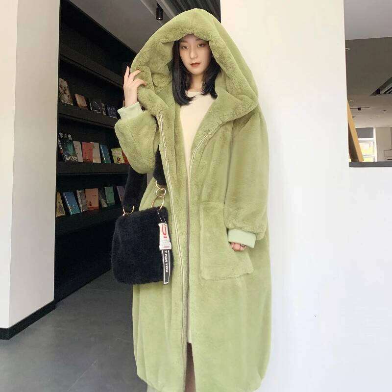 New Hooded Long Warm Thickened Jacket Trend Faux Rabbit Fur Coat Winter Casual Plush High-quality Outerwears Top