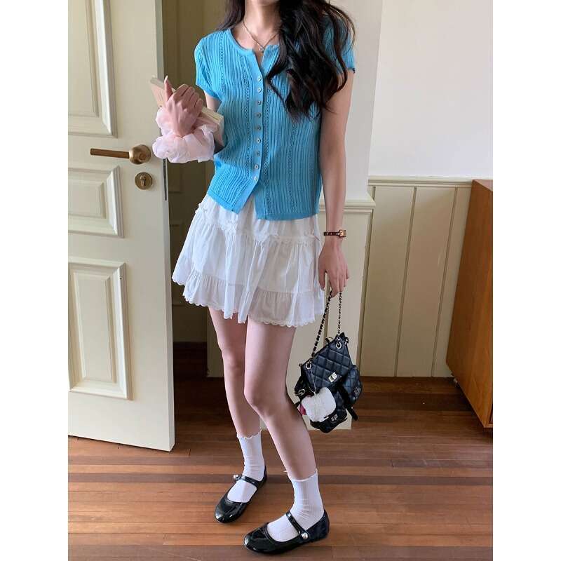 3Th Morning niche design French hollow V-neck slim fit short sleeved knitted cardigan ZY2886