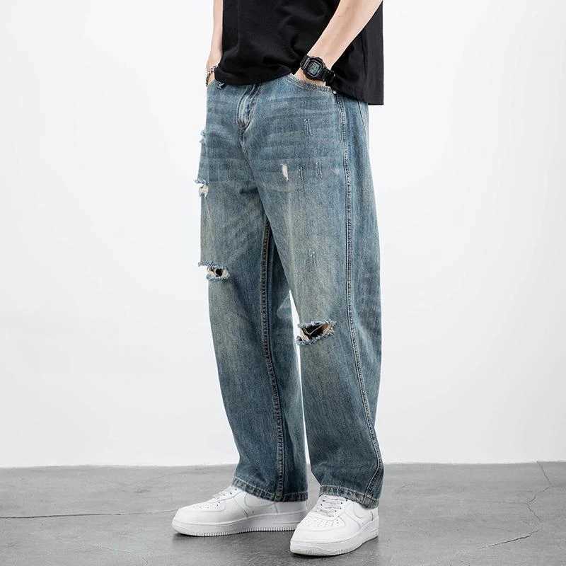Mens Jeans Broken Straight Trousers Ripped with Holes Loose Torn Wide Leg Male Cowboy Pants Baggy 2024 Korean Autumn New in Xs Z250605