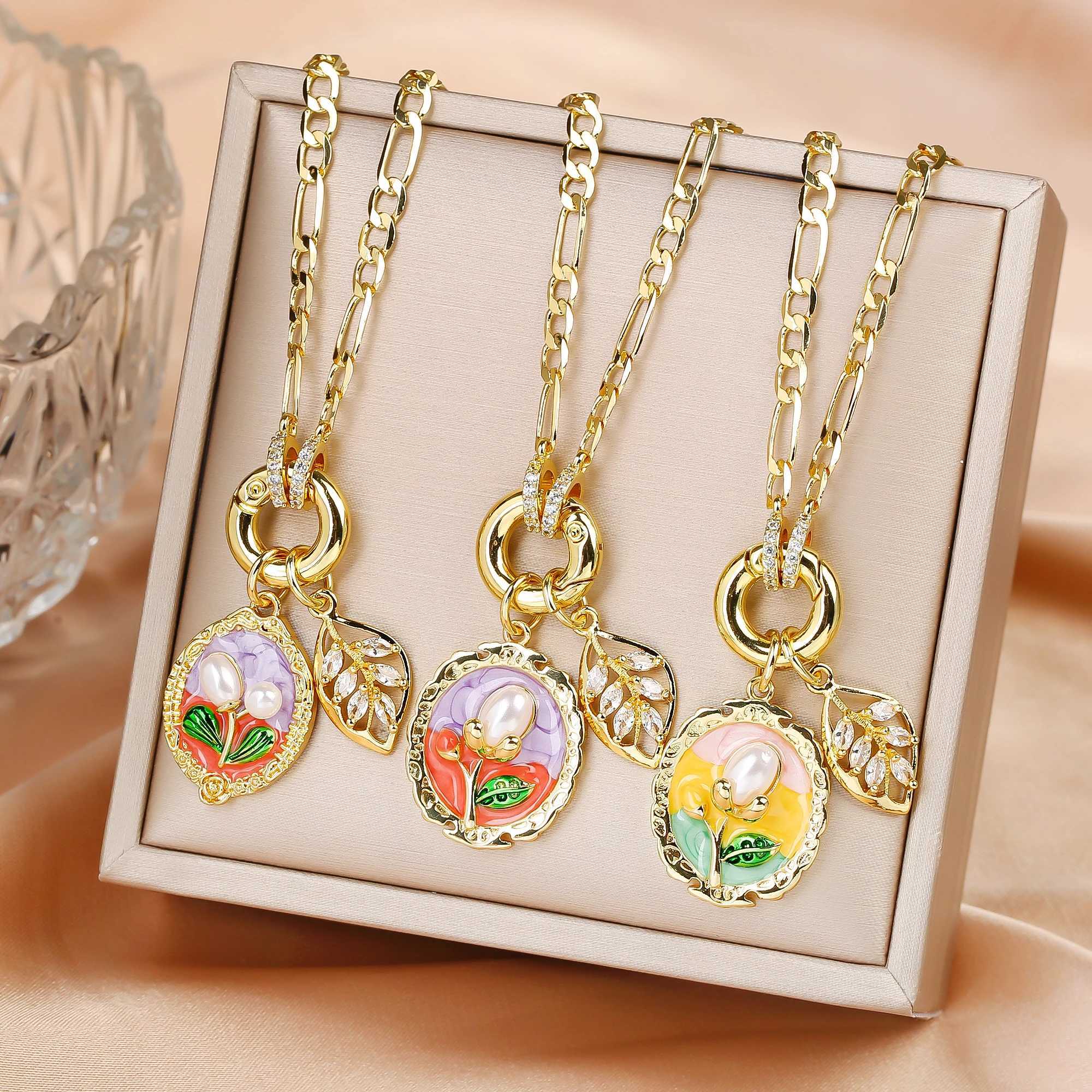 Hot Sale Metal Oil Drop Ocean Series Flower Pearl Leaf Pendant Necklace Charming For Woman Girl Casual Vacation Jewelry Gift Y250605