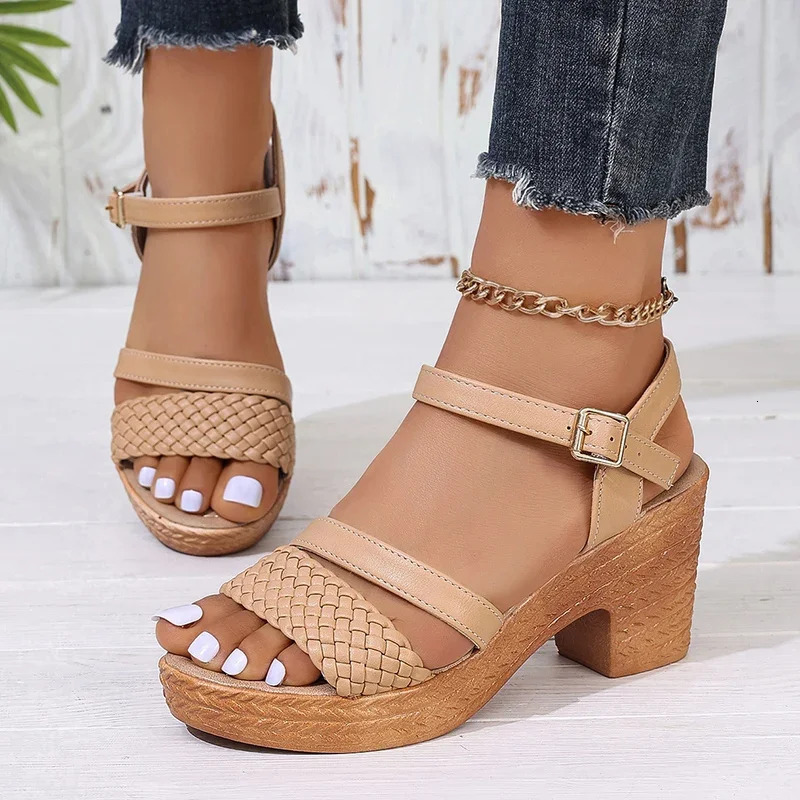 Lucyever Braided High Heels Sandals Women 2025 Summer Pu Leather Platform Gladiator Shoes Woman Ankle Buckle Thick Heel Sandles 250605