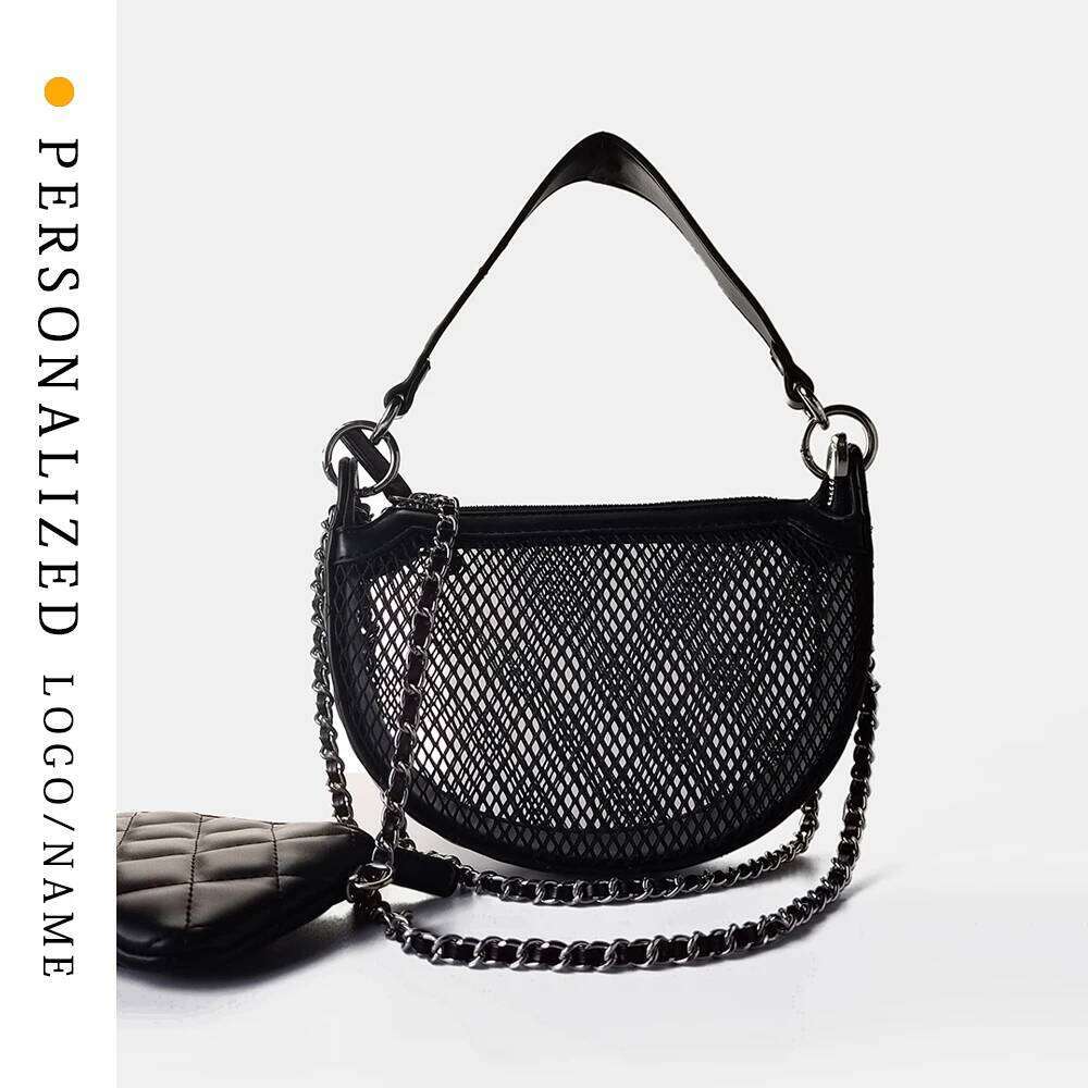 2025 New Product Fashionable And Versatile Grid Design Chain Concave Shape Handheld Trendy Hollow Saddle Bag