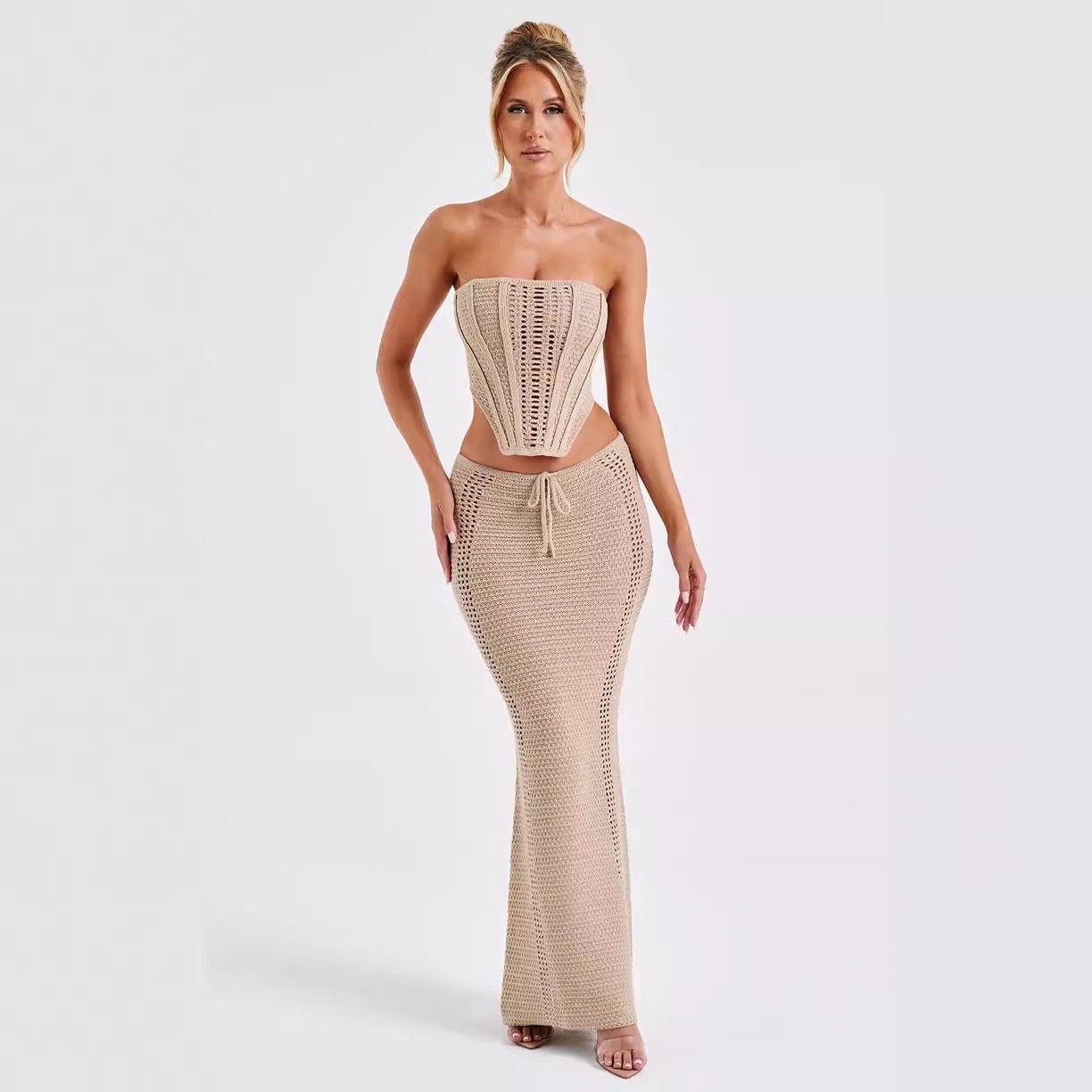sexy and trendy backless, strapless top coat, hip-hugging long dress, and knitted set