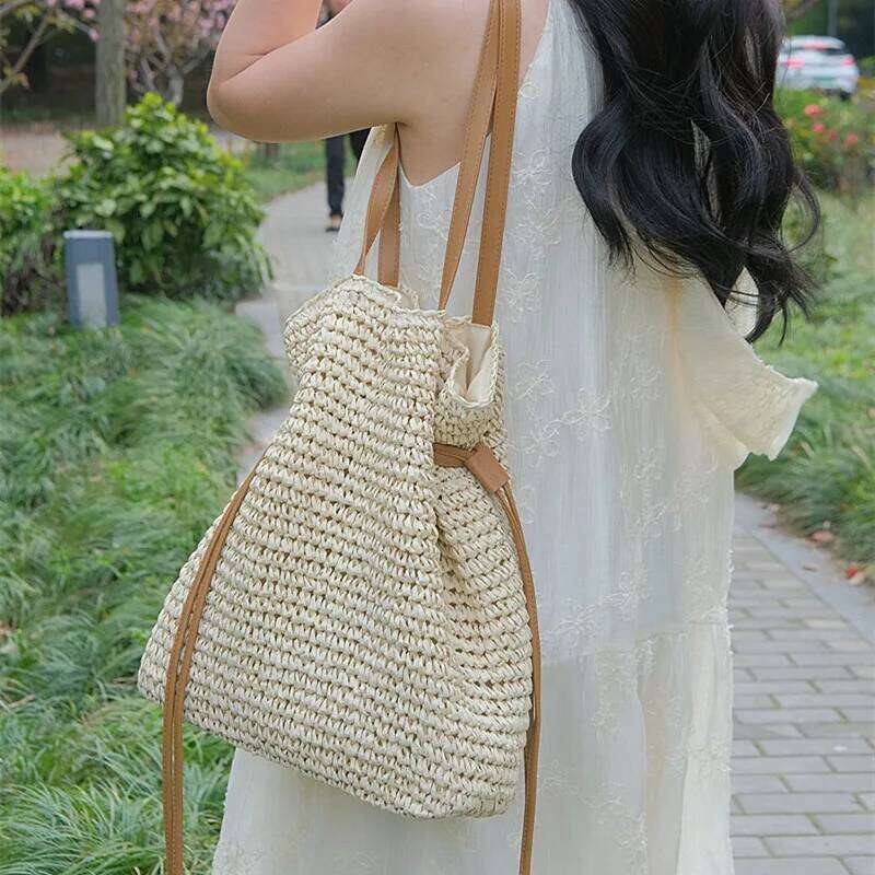 Large capacity tie-up hook handbag summer beach women knitted shoulder Raffia Woven bag