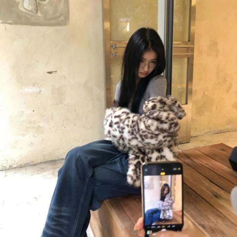 Fashion Leopard Print Faux Fur Coat for Women Turn-down Collar Long Sleeve Chic Jacket Female 2024 Autumn Winter Outwear