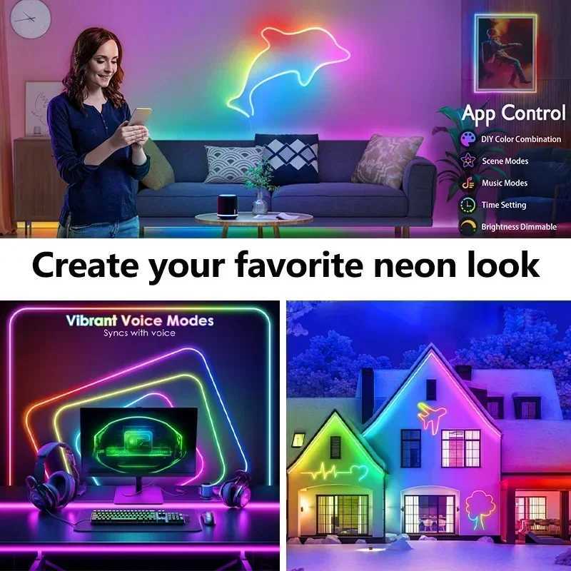 Bluetooth RGB Neon LED Strip Light 15Meters 5M 10M 20M 30M 24V 24Key 44Key Remote App Control Flexible Waterproof Neon Rope Light Z250605