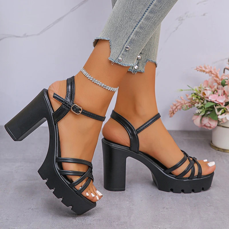 Womens Ankle Buckle High-Heeled Sandals Style Cross Strap Platform Sandal Female 2025 Outdoor Thick Heel Sandalias Mujer 250605