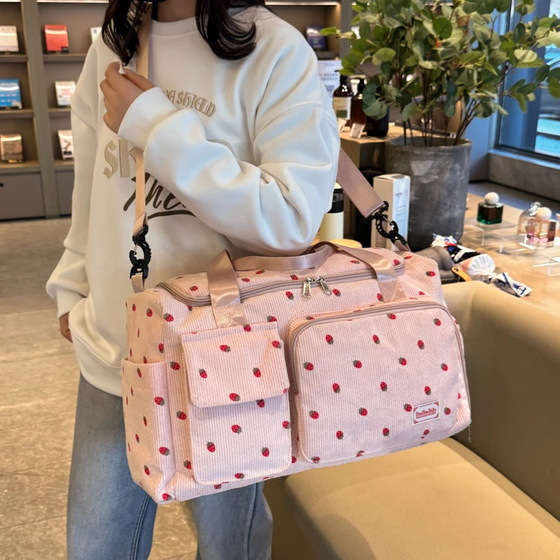 Cute Strawberry Travel Bag Handbags Large Capacity Carry On Luggage Bags Girl Women Shoulder Outdoor Tote Corduroy Sport Gym Bag 250605