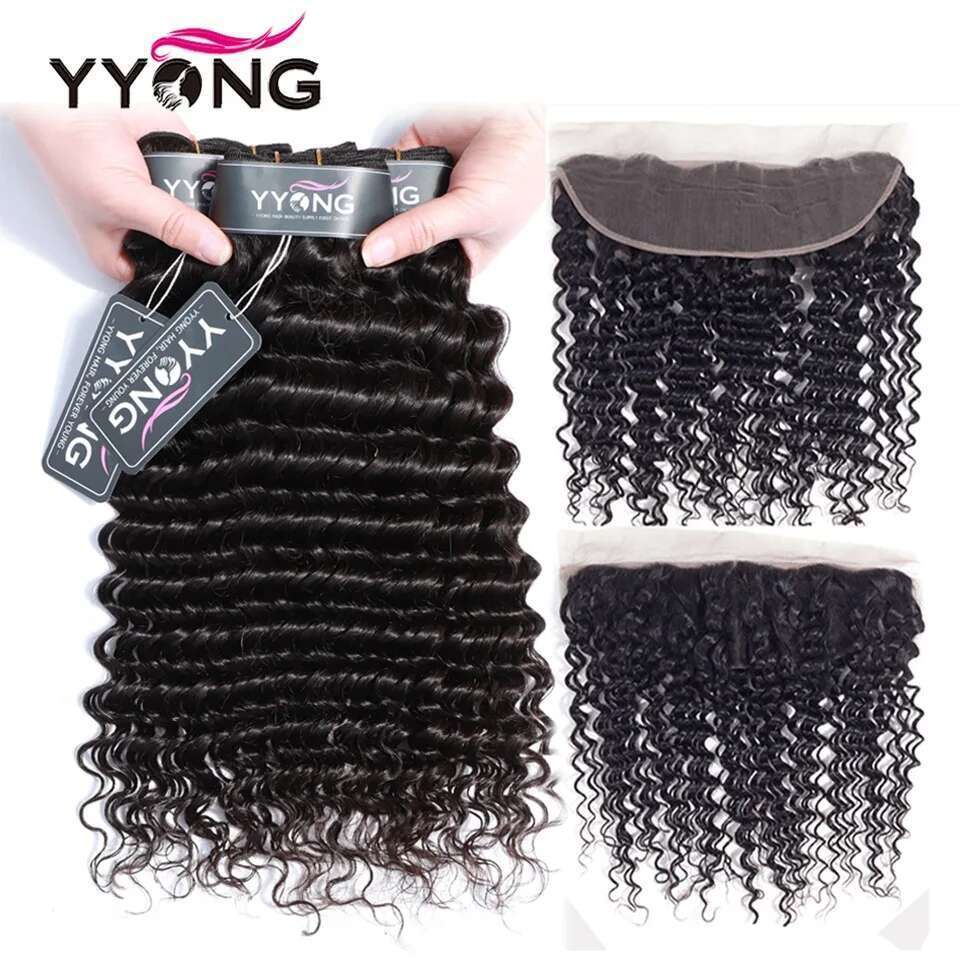 Yyong 3/4 Brazilian Deep Wave 100% Remy Human Hair Weave Bundles With 13x4 Lace Frontal Closure