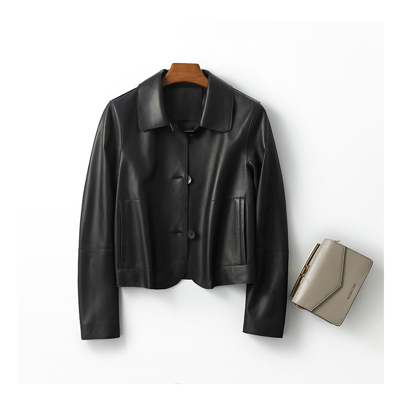 Loose black leather jacket, women's high-end retro casual motorcycle suit, leather jacket