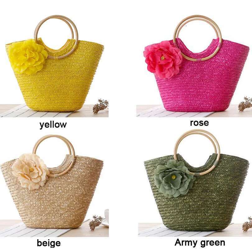New Rattan Handle Woven Flowers Straw Leisure Vacation Tote Beach Bag For Women Handbags Designer Mxh01