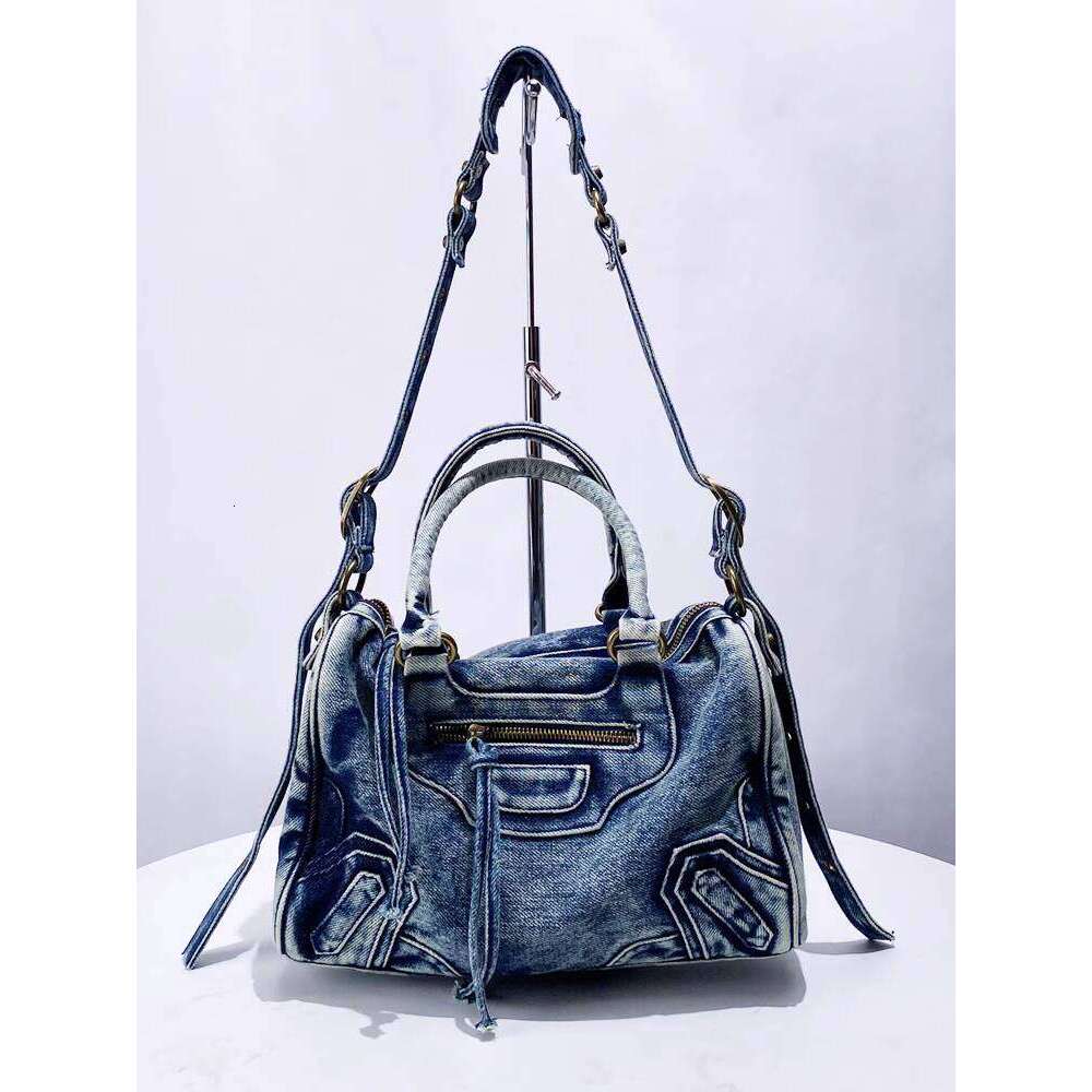 Washed Denim Motorcycle Tote New Rivet Decor Niche Handbag Shoulder Crossbody Bag