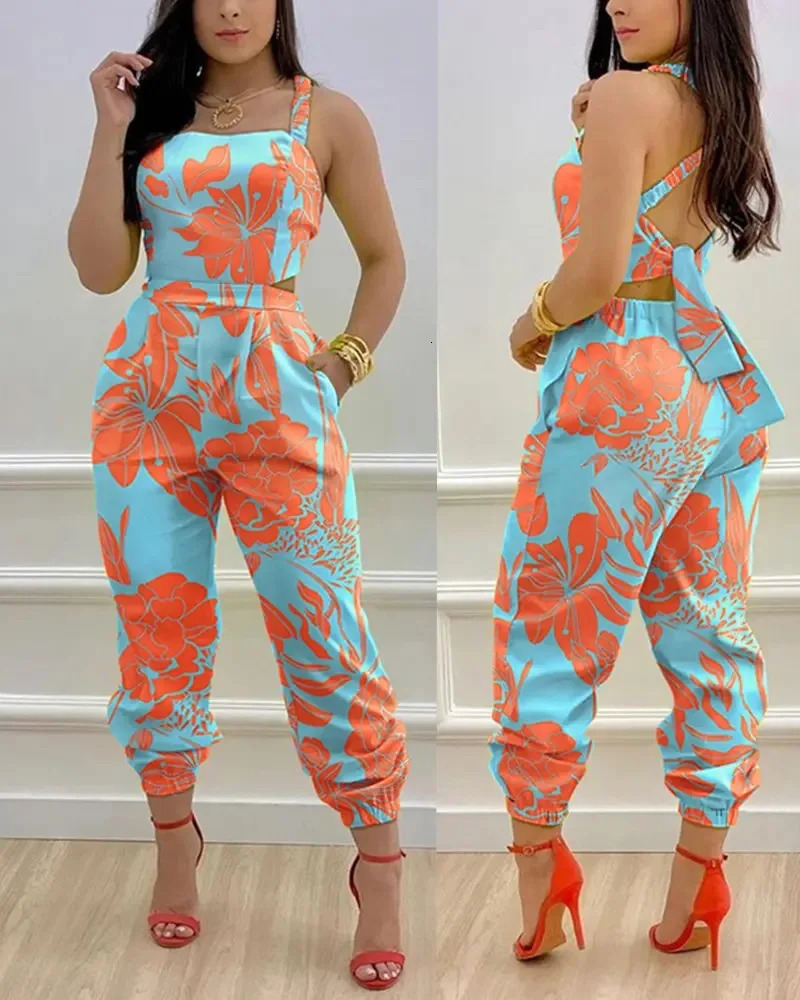 Summer Fashion Printed Sleeveless Jumpsuit Sexy Hollow Backless Lace Up Long Jumpsuits Elegant Casual Jumpsuit With Pocket 250605