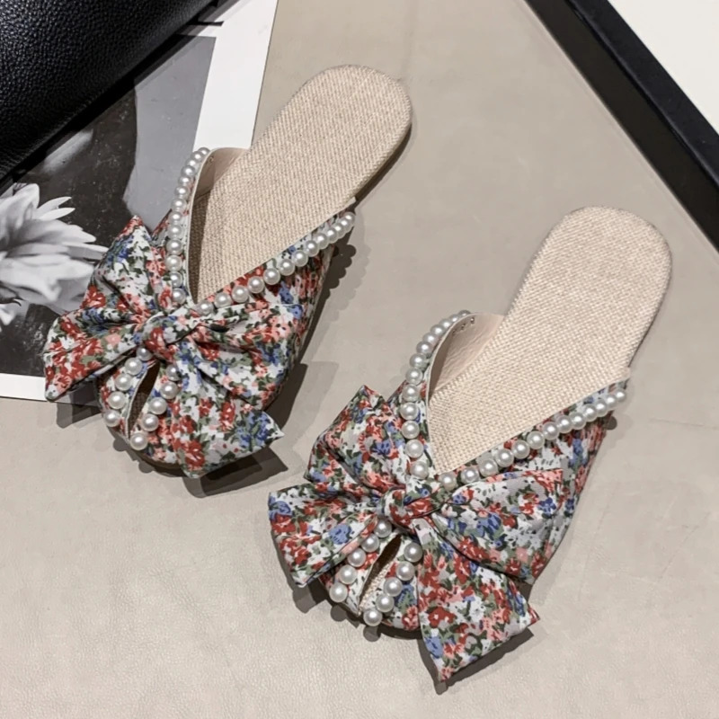 Summer Fashion Comfortable Pearl Bow Round Head Flat Sandals Bag Toe Versatile Large Size Simple Fashion Slippers for Women 250603