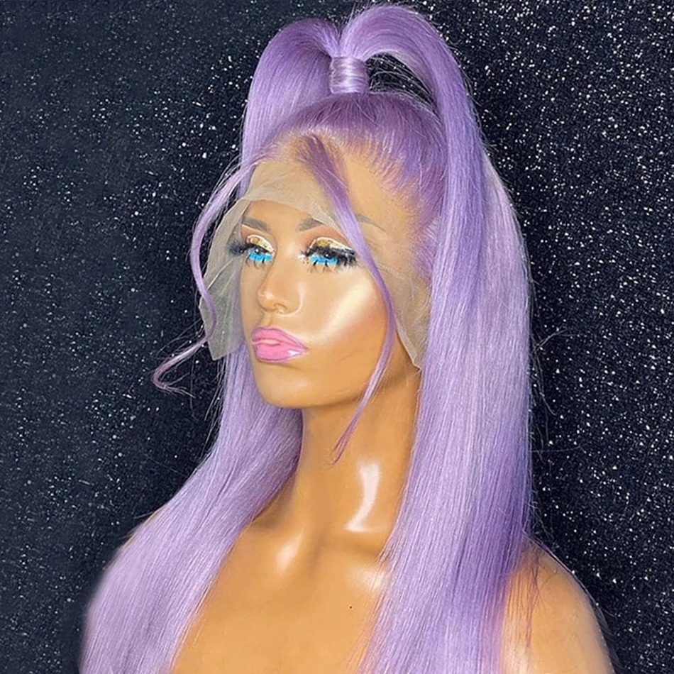 Purple Color Straight Human Hair Wig HD Transparent Bleached PrePlucked Lace Front Wig Violet Purple Wigs Synthetic