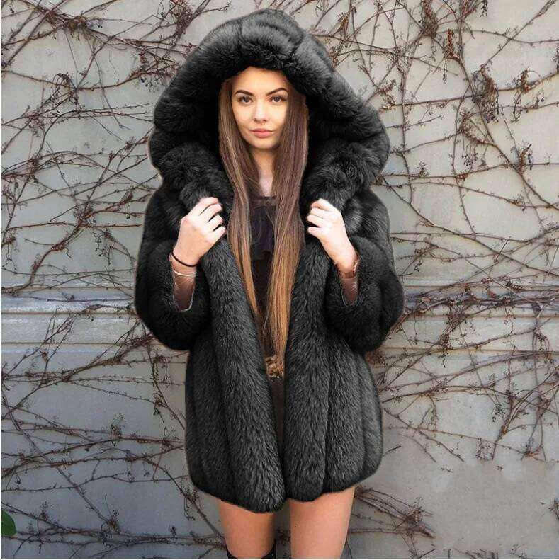Faux Fur Women Coats Thick Warm Coat Hooded Full Sleeve Fox Solid Casual Elegant Splice Mid Length Open Autumn Winter