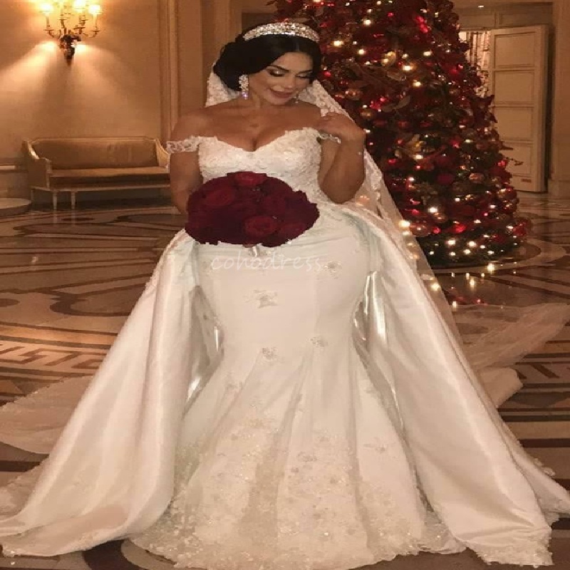 Glamorous Mermaid Wedding Dress With Overskirt Train Plus Size Lace Elegant Country Bridal Dress 2025 Dubai Arabic Bride Dress Vestio De Mariee
