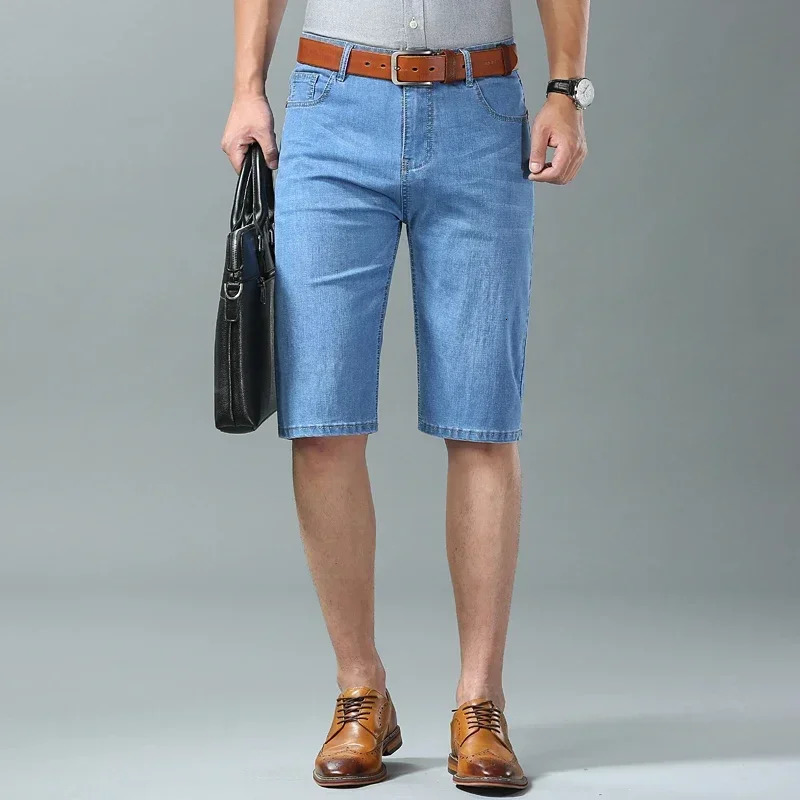 Summer Mens Denim Shorts Fashion Light Color Casual Loose Multi-pocket Straight Five-minute Pants Elastic Knee Shorts 250530
