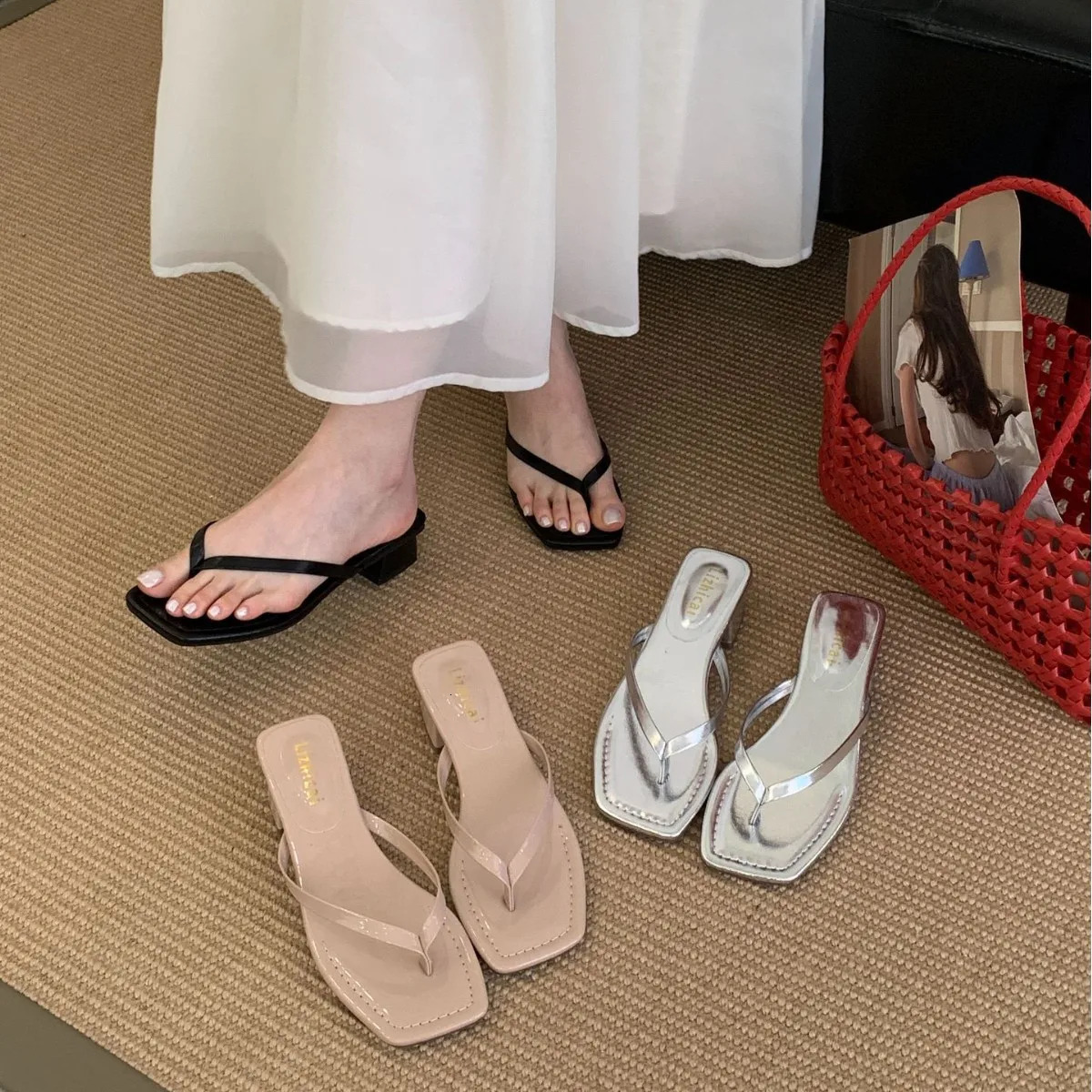 Square heel Slippers Women Summer Shoes Low Slides Pantofle Rubber Flip Flops Fashion Heeled Mules Block Hawaiian 250605