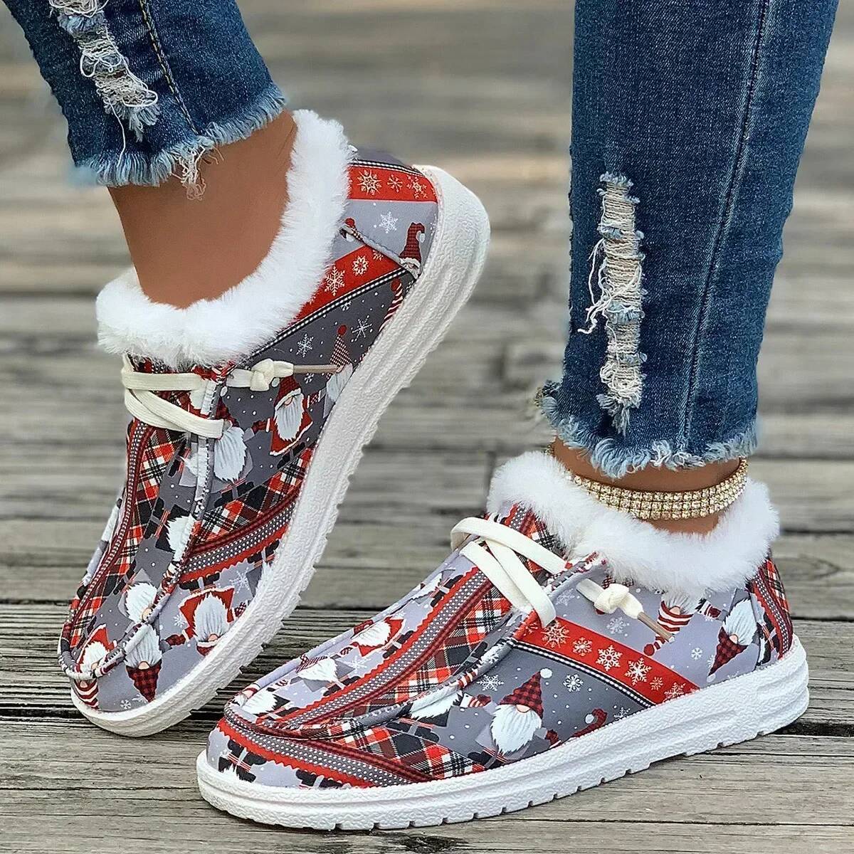 Ddmyoutdoor Ladies Flat Casual Women New Winter Ankle Snow Boots Woman Christmas Print Cotton Shoes Short Plush Booties Warm Gift Outdoor Shoes