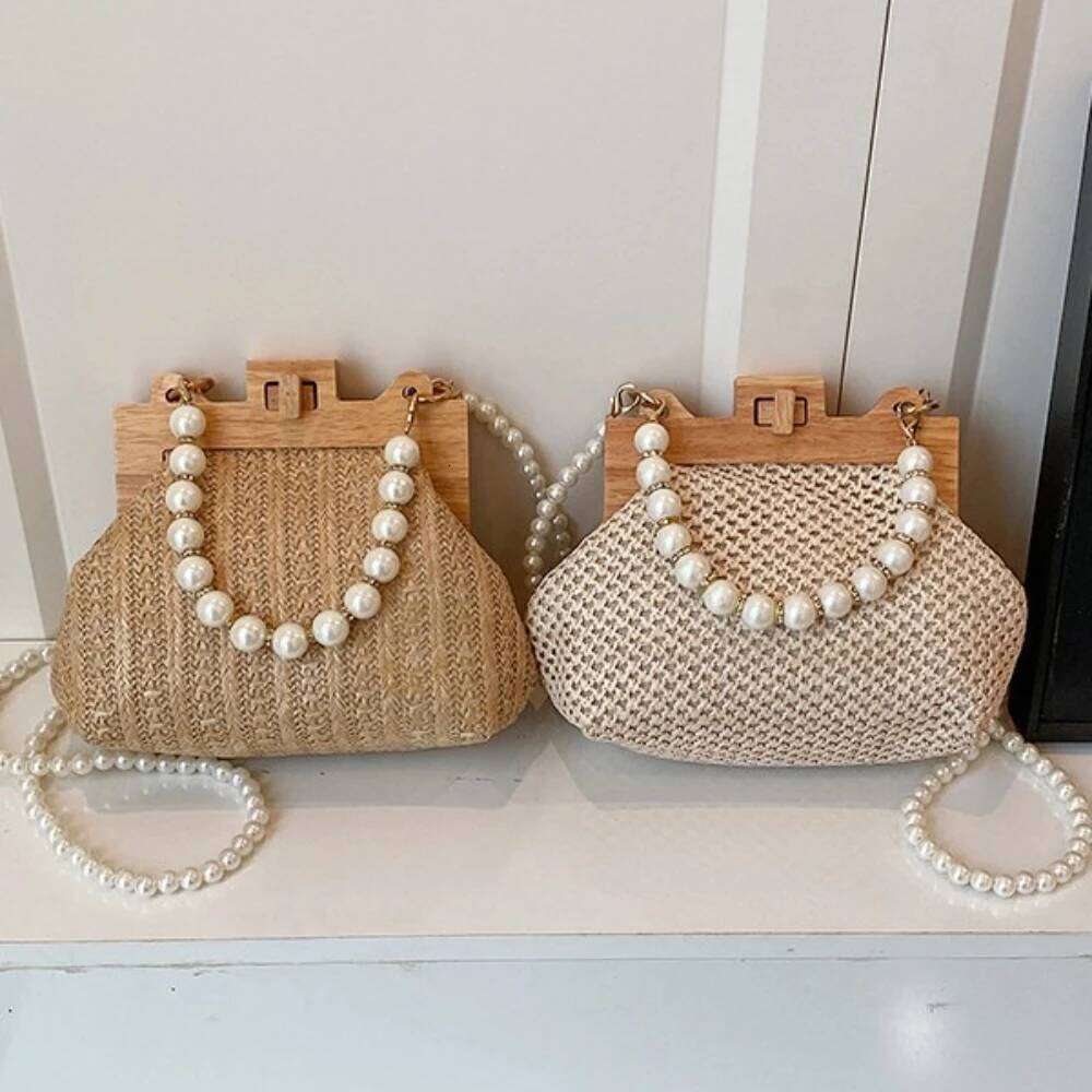 Summer Wooden Rattan Shoulder Brand Crossbody Nice Pearl Chain Straw Bag Hand-Woven Handbags Women 2025