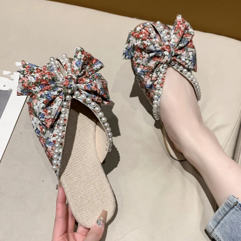 Summer Fashion Comfortable Pearl Bow Round Head Flat Sandals Bag Toe Versatile Large Size Simple Fashion Slippers for Women 250603
