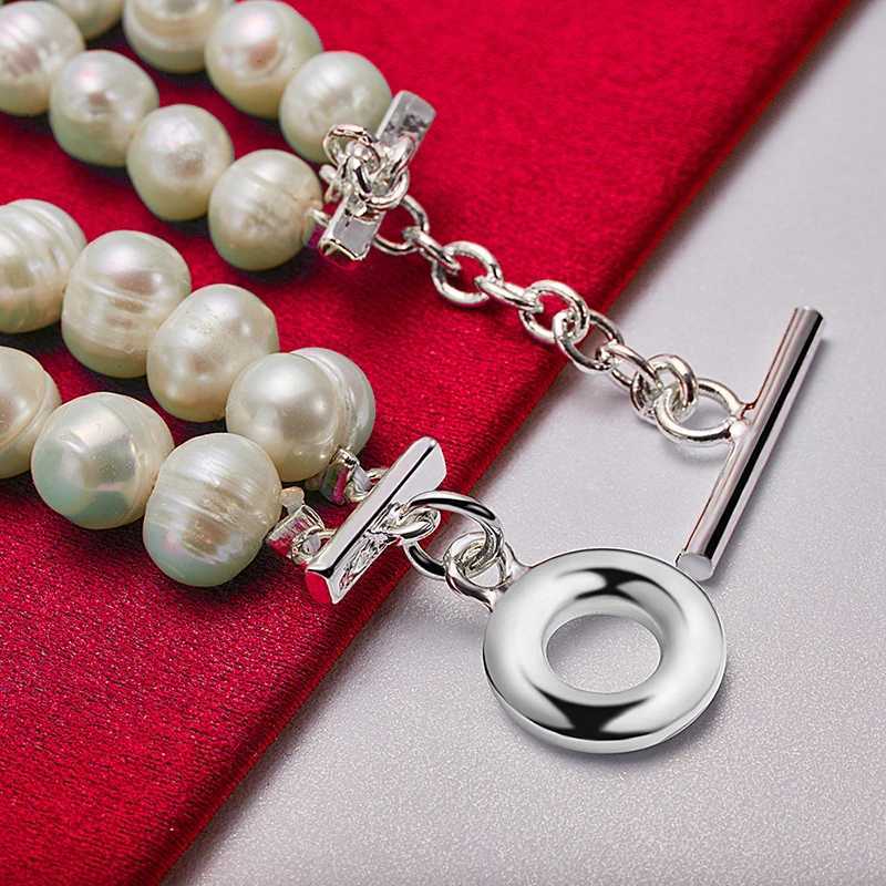 SHSTONE 925 Sterling Silver Double Artificial Pearls Chain Bracelet For Women Wedding Accessories Party Birthday Fashion Jewelry W250606