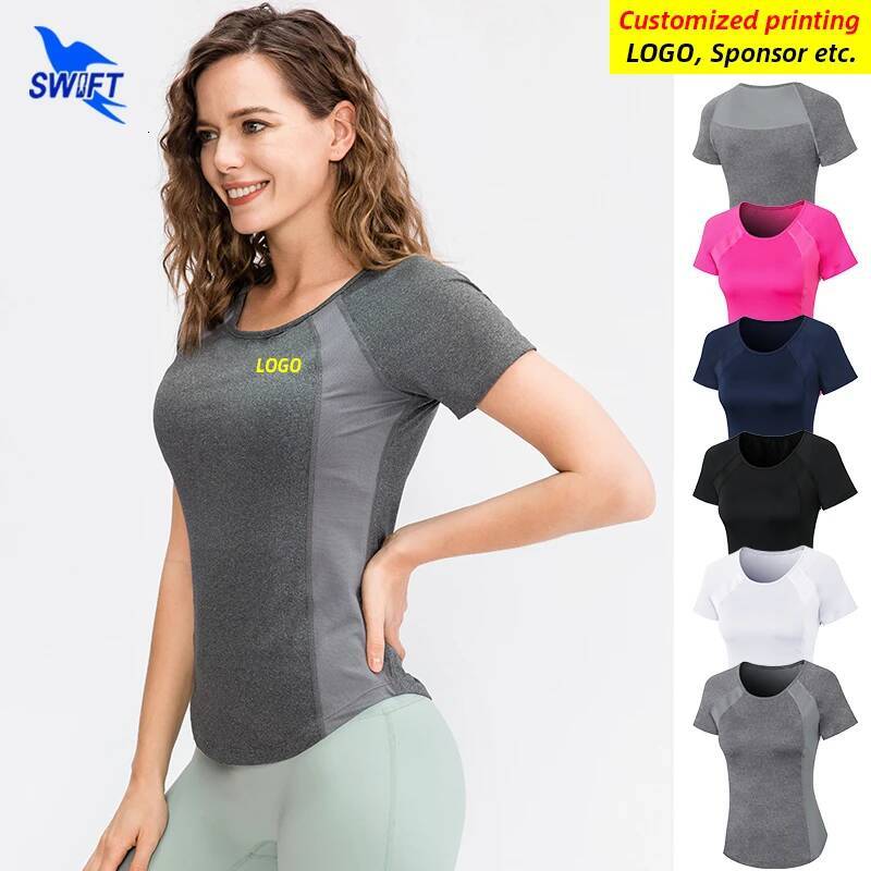 2021 Breathable Mesh Patchwork Short Sleeve Running Shirts Women Quick Dry Elastic Yoga Tops Gym Fiess Sportswear Customized