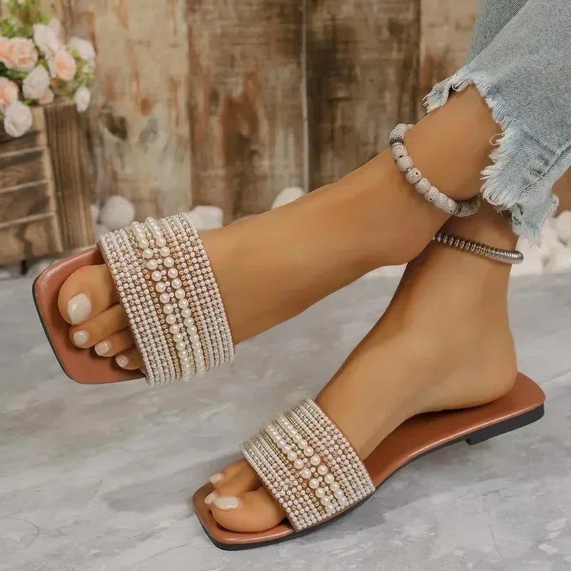 Women Pearl Slippers Summer Flats Square Toe Slides Sandals Woman Non Slip Beach Flip Flops Big Size Zapatillas De Mujer 250603