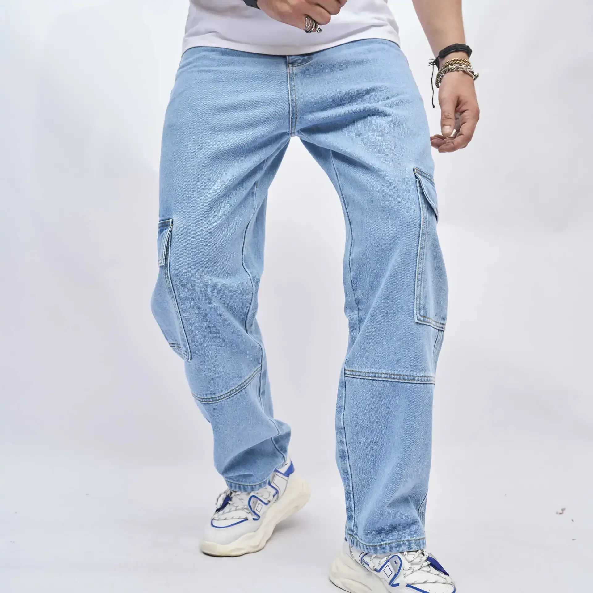 Denim Straight Ankle Length Pants Men Jean Washed Zipper Fly Jeans Loose Fit Solid Pockets High Strt Vintage Spliced 2025C250606