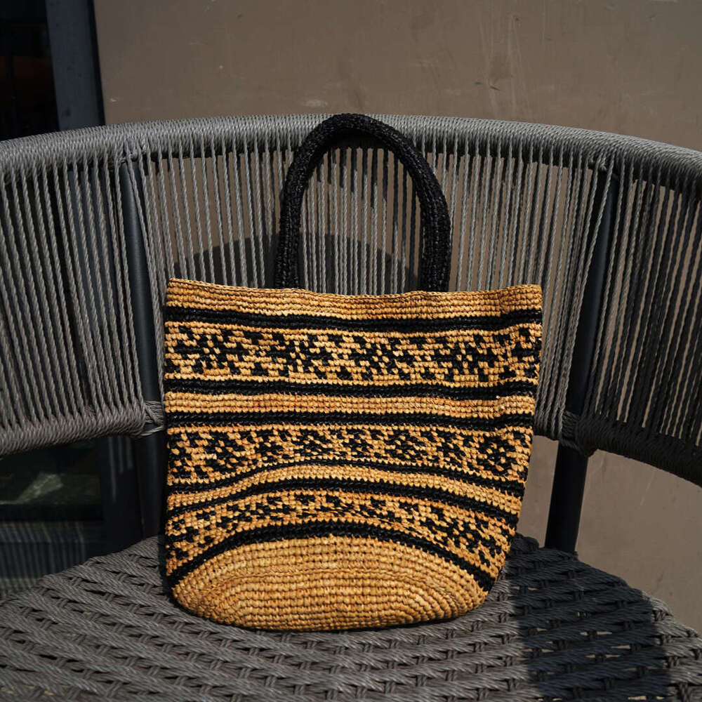 French Style Black Patchwork Handbag Vacation Beach Handmade Raffia Woven Bag for Women Summer Travel