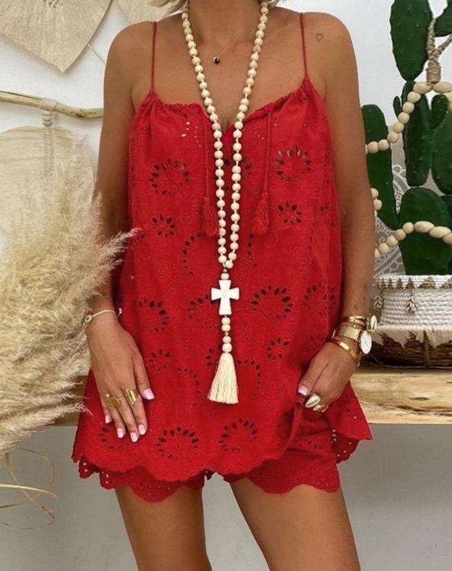 Sleeveless Drawstring Ruffle Hollow Out Camisole Vest Embroidered Shorts With Lining Cotton Set B5