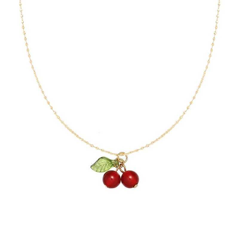 Cute Stainless Steel Cherry Necklace Natural Stone Beads Pendant Chain Necklace Womens Fashion Wedding Jewelry Birthday Gift Y250605