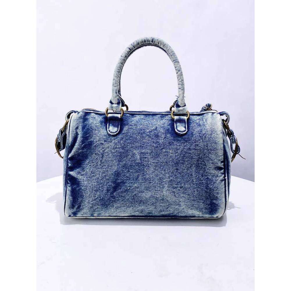 Washed Denim Motorcycle Tote New Rivet Decor Niche Handbag Shoulder Crossbody Bag