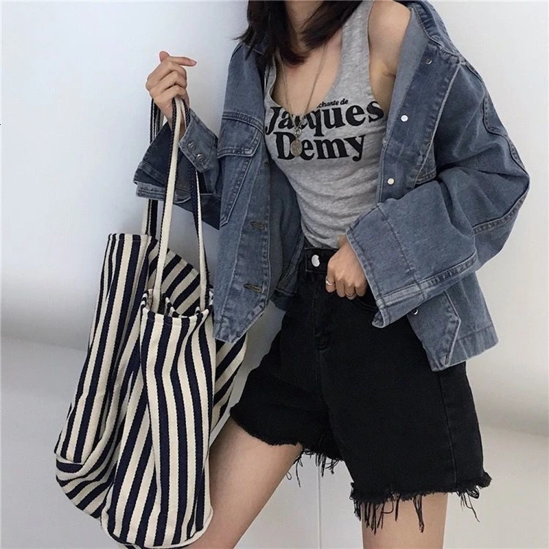 Striped Canvas Bag for Women Large Capacity Shoulder Bag Daily Shopping Student Bookbag School Travel Beach Bag 250530