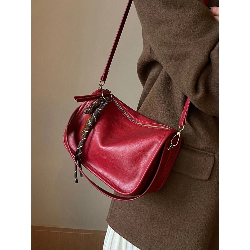 Burgundy Crossbody Bag for Women Fashion Soft PU High-Grade Zipper Commute Handbags Female Elegant Delicate Shoulder Bags 250605
