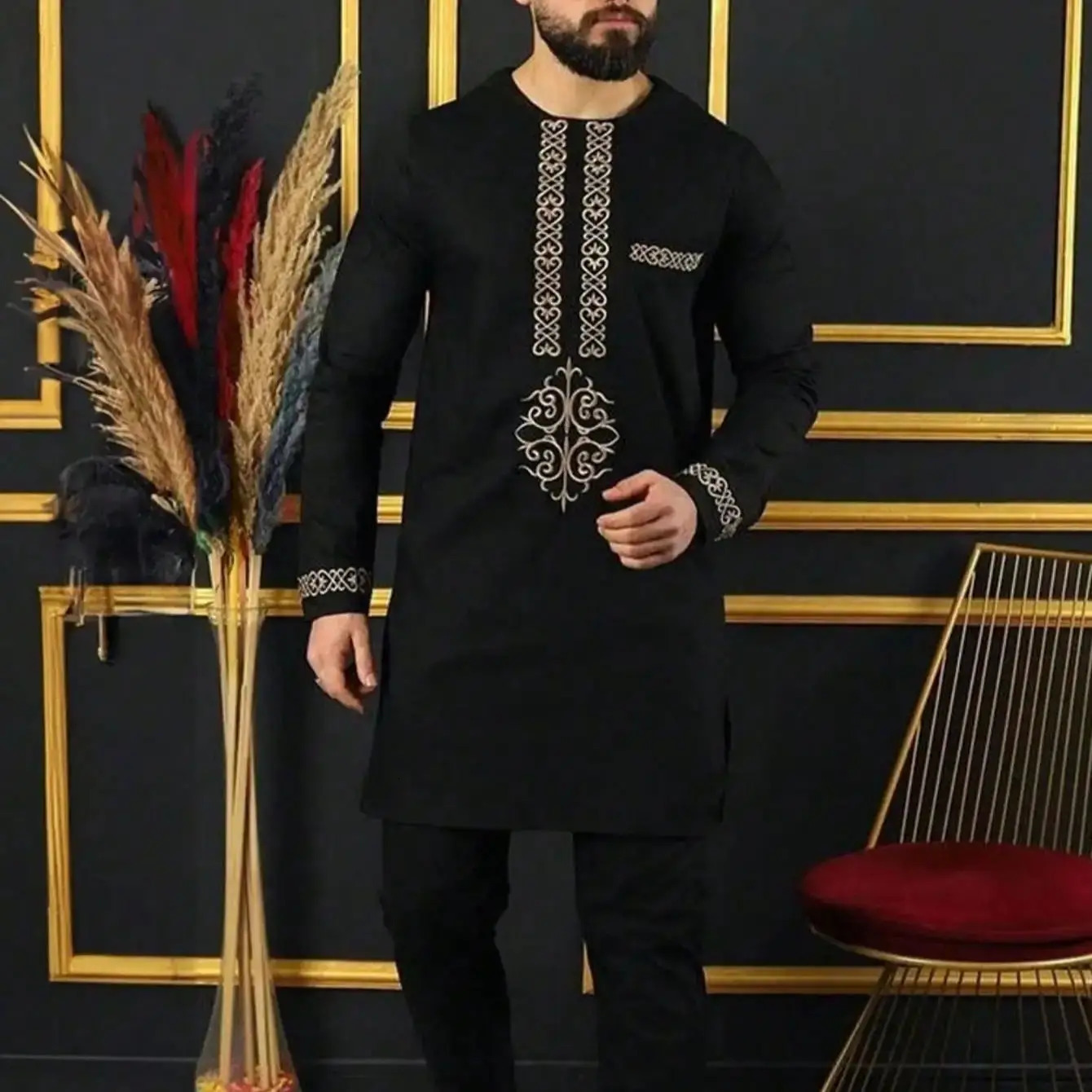 Kaftan African Mens Traditional Suit 2 Piece Long Sleeve Patchwork Top Lounge Pants Suit Holiday Party Mens Suit 250603