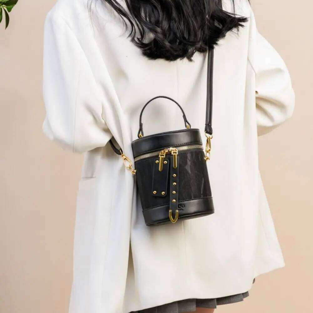 Trendy Pu Leather Women Bucket Vintage Handbag Cylinder Crossbody Solid Color Shoulder Bag Travel