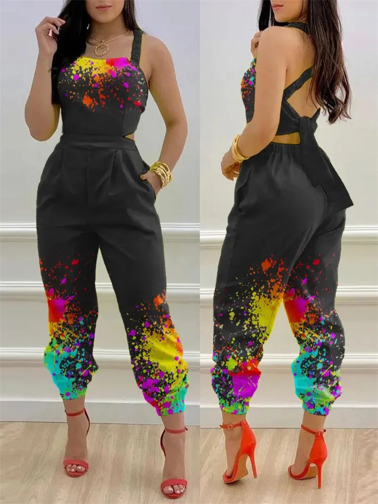 Summer Fashion Printed Sleeveless Jumpsuit Sexy Hollow Backless Lace Up Long Jumpsuits Elegant Casual Jumpsuit With Pocket 250605