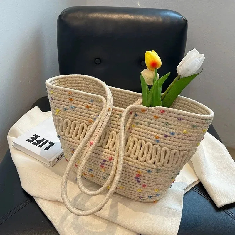 1pc Knitting Fabric Handbag Durable Straw Large Capacity Beach Bag Shoulder WomenCapacity Womens Summer Bags 250605