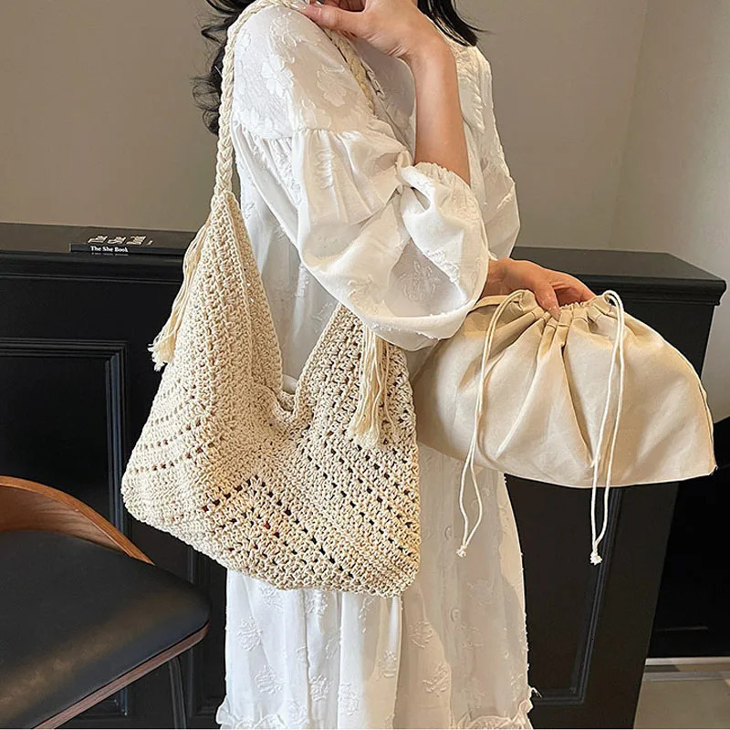 Crochet 2IN1 Shoulder Bag Set For Women Raffia Boho Rattan Summer Beach Vacation Tote Bags Knitted n Handbags Female 250605
