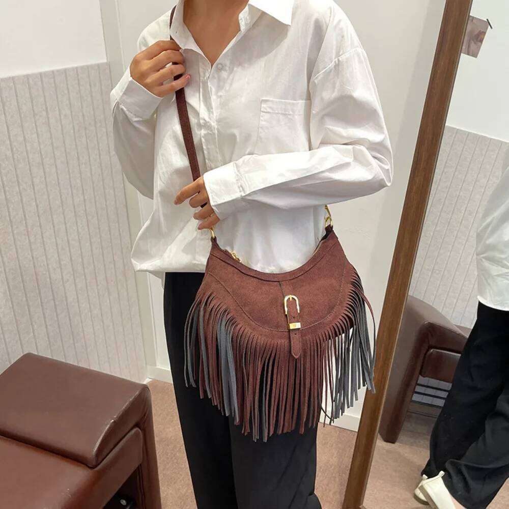 Frosted Tassel Moon Vintage Shoulder Crossbody Bag For Women Fashion Dumpling Bags Ladies Travel Purse Handbags