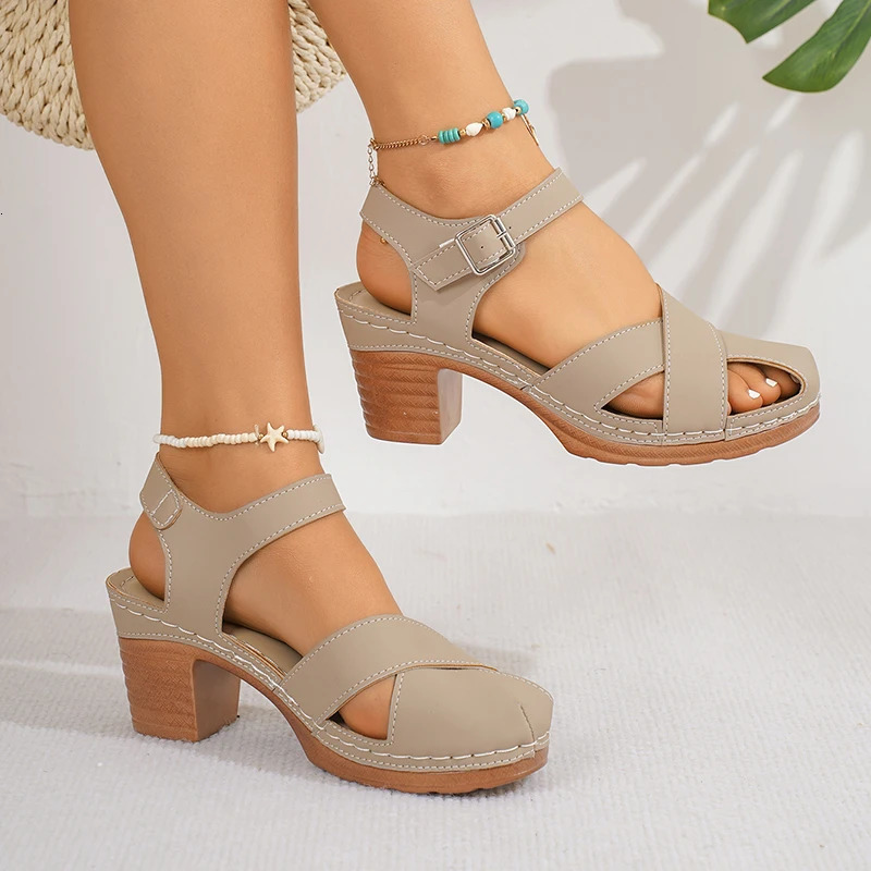 Closed Toe Thick High Heel Sandals Women Summer Ankle Buckle Beach Sandles Woman Plus Size Anti-Slip Platform Sandalias De Mujer 250605