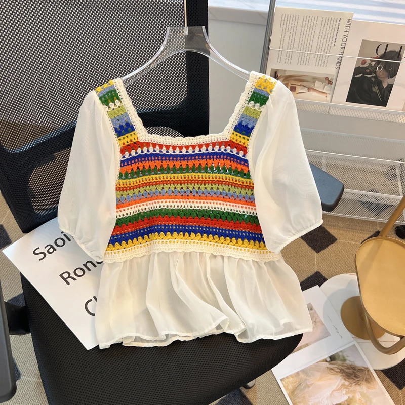 Rainbow Striped Crochet Knit Top for Women Square Neck Chiffon Half Sleeve Blouse Fairycore Cottagecore Spring Summer Outfit 250530
