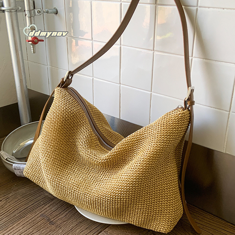 2025 New Woven Tote Straw Korean Style Large Capacity Shoulder Vacation Beach Bag for Women ddmynov