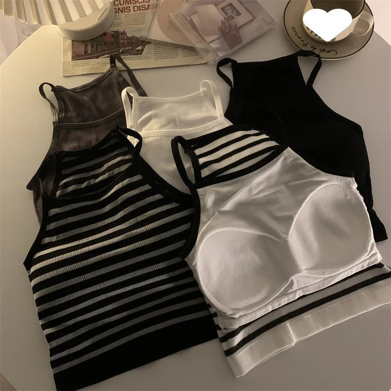 Korean Version Women Tank Tops Thread Solid Casual Fashion Crop Top with Chest Pad Stripe Sleeveless Outer Wear Basic Camisole 250527