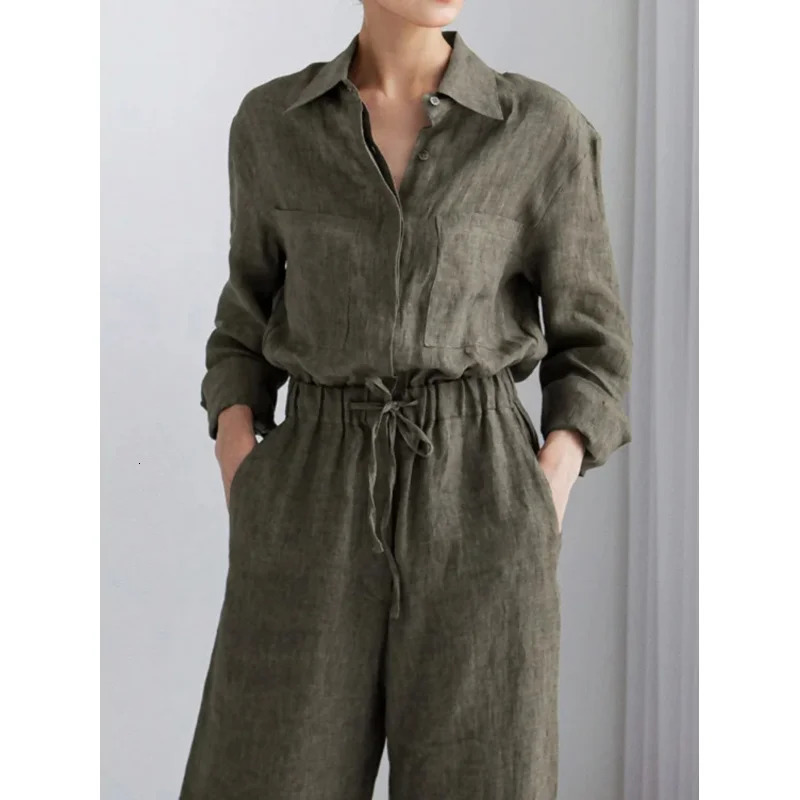 WomenS Casual Elegant Solid Color Polyester Jumpsuit with Drawstring Wide Leg Pockets Lapel Collar Spring/Fall 250530