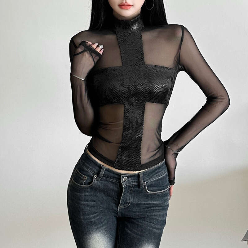 Autumn Winter New Women's Fashion Trendy Hot Girl Mesh See-Through Round Neck Slim Fit Top B5